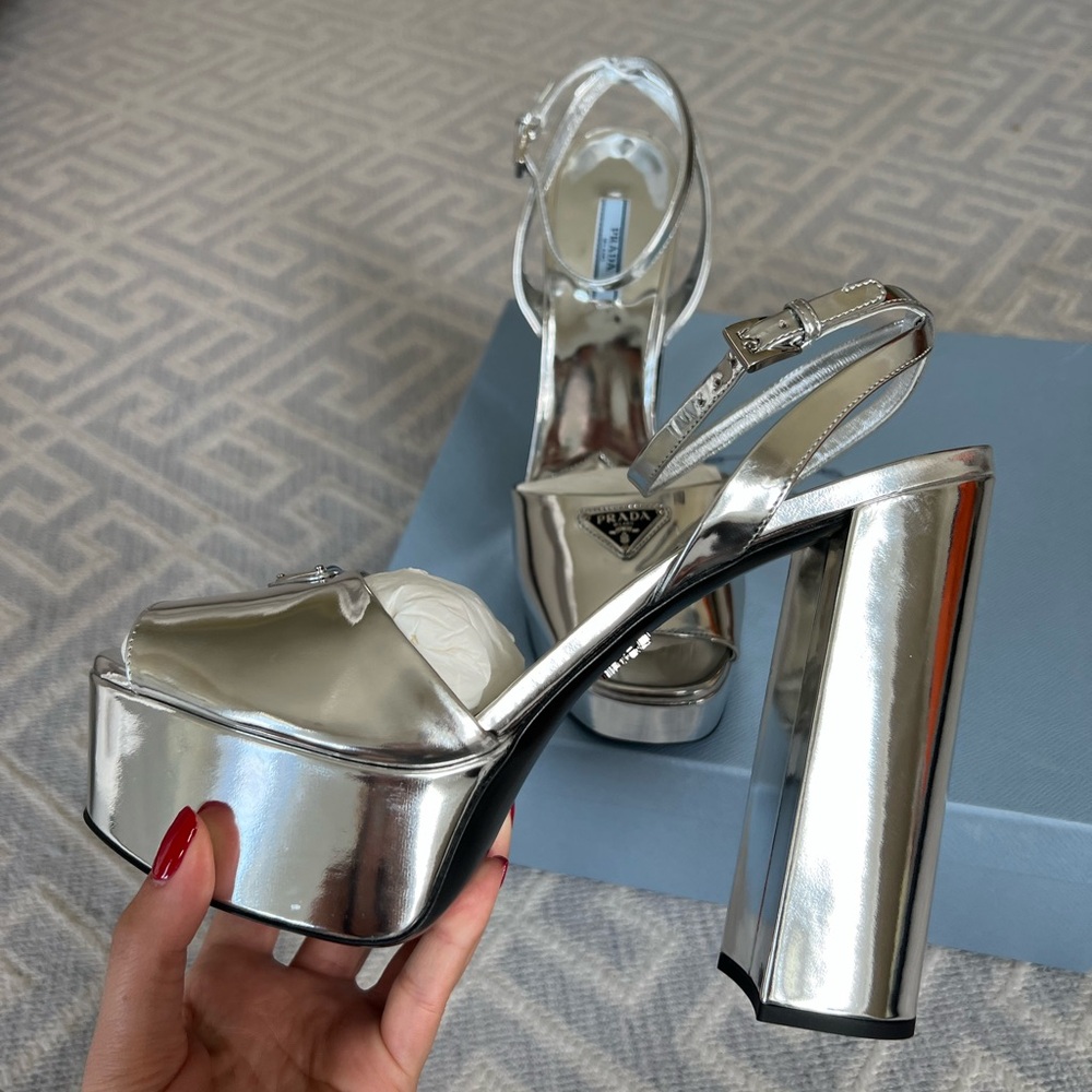 NWT Prada Womens Metallic Leather Platform Heels Silver 41.5 - Picture 6 of 10